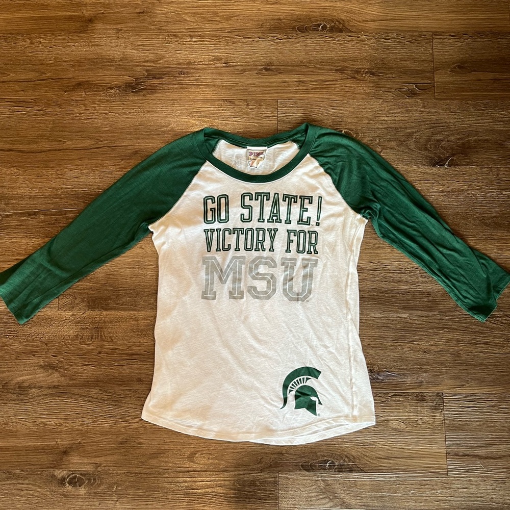 PINK Victoria's Secret Green and White Raglan Top